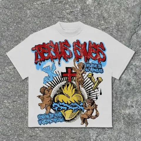 Y2K 여름 반팔 캐주얼 오버 사이즈 Tshirt streetwear 여성 탑 빈티지 예수는 천사 그래픽 프린트 코튼 남성을 저장합니다