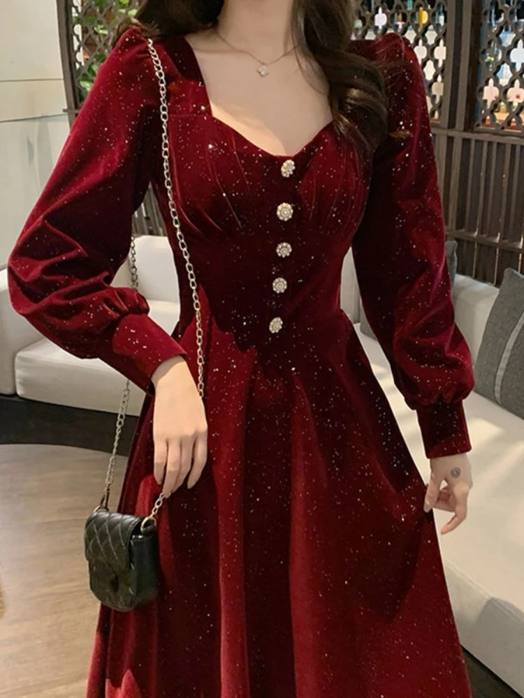 Flower Elegant Evening Party Midi Dresses Ladies Red French Retro Women Dresses New Year 2022 Velvet Korean Style Dress Winter