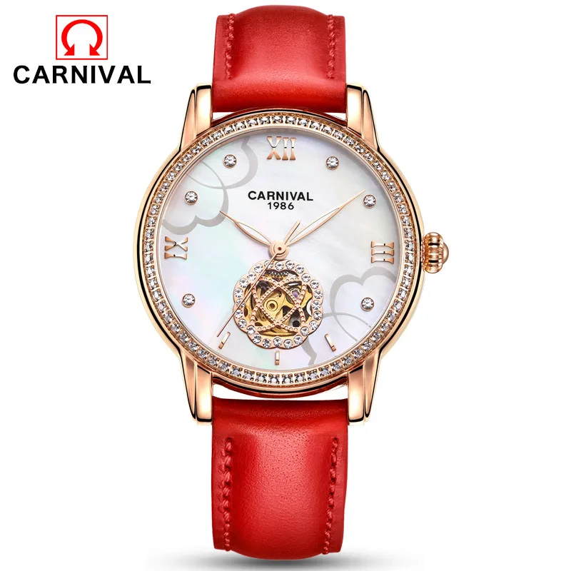 Carnaval marca de luxo relógio mecânico para senhoras rosa ouro prata movimento automático relógios pulso à prova dwaterproof água reloj mujer