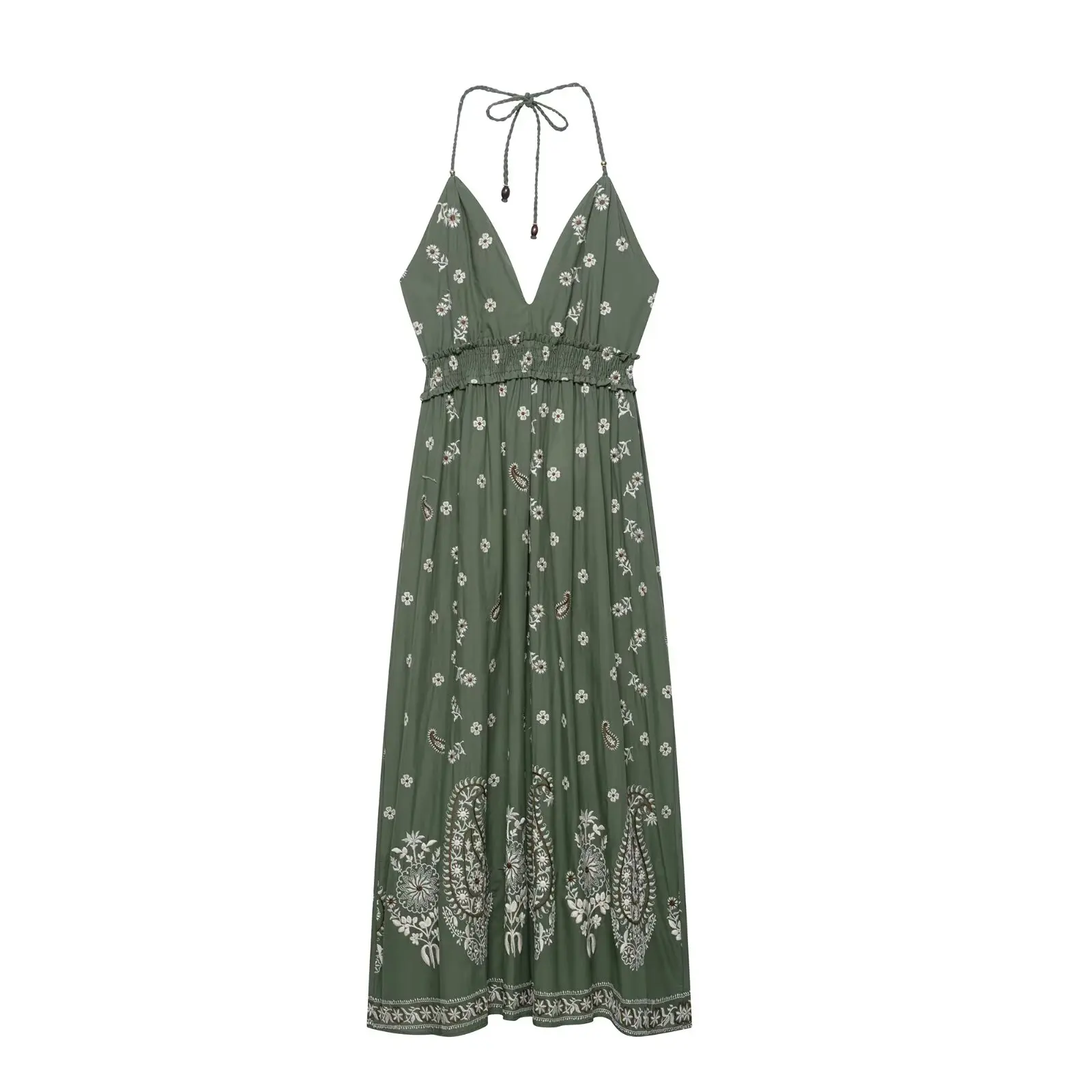 

Green Embroidery Sling Dress Women Sexy Backless Hanging Collar Dresses 2025 Summer Elegant Casual Beach Vacation Long Dresses