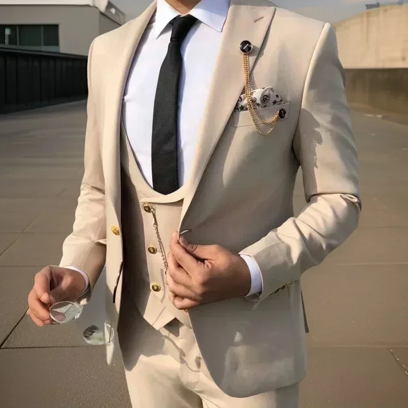 Trajes de hombre ajustados de 3 piezas, traje de moda de negocios de esmoquin para novio de boda de estilo italiano (chaqueta + pantalón + chaleco)