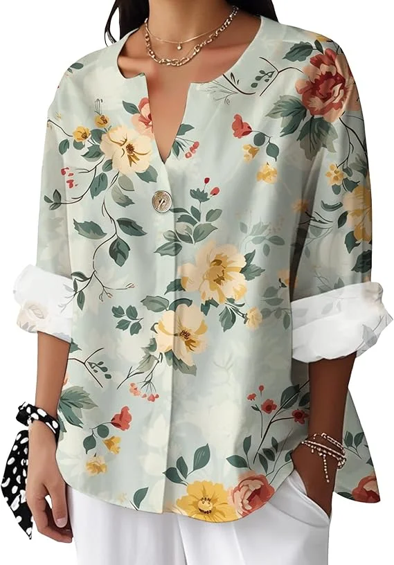 Women's Summer Shirts Vintage Floral Long Sleeve Novelty Blouses Boho Button Up Cool Graphic Tops