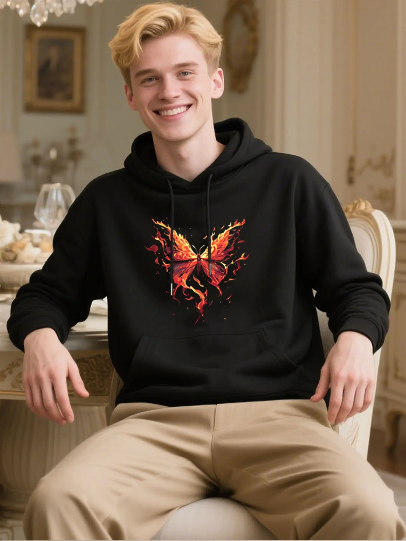 

Soft Cotton Regular-Fit Hoodie With Fiery Butterfly Print On Chest, Casual Sportswear Pullover Sweatshirt For Thanksgiving Gift