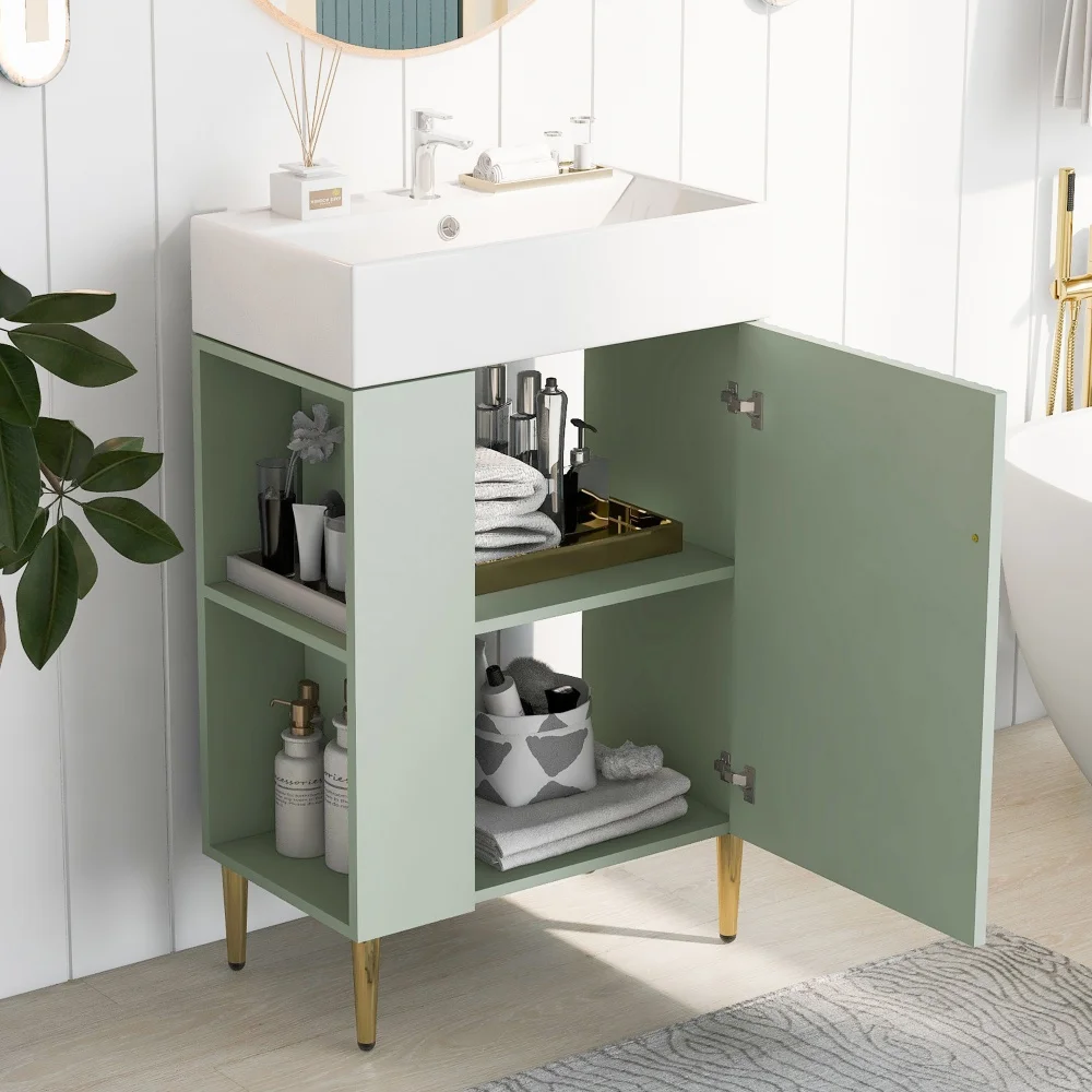 

21.6"Stylish Green Bathroom Vanity Combo Cabinets Modern Family Bathroom Storage Cabinet With Ceramic Basin Left Side Storage