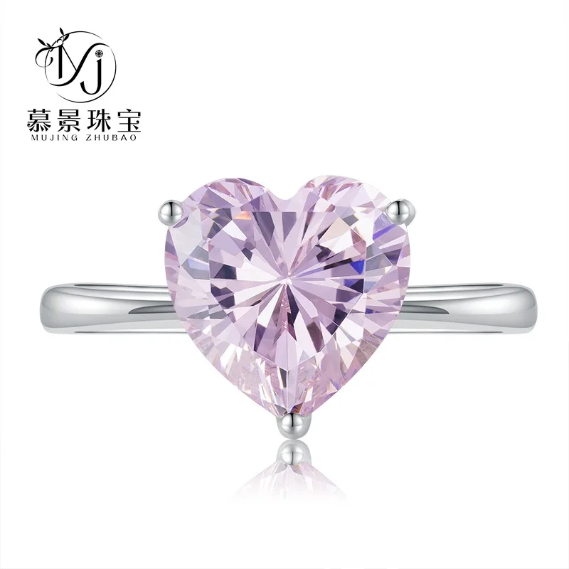 

S925 silver 4-carat heart-shaped 10 * 10 high carbon zircon inlaid ring with heart, simple and atmospheric ring