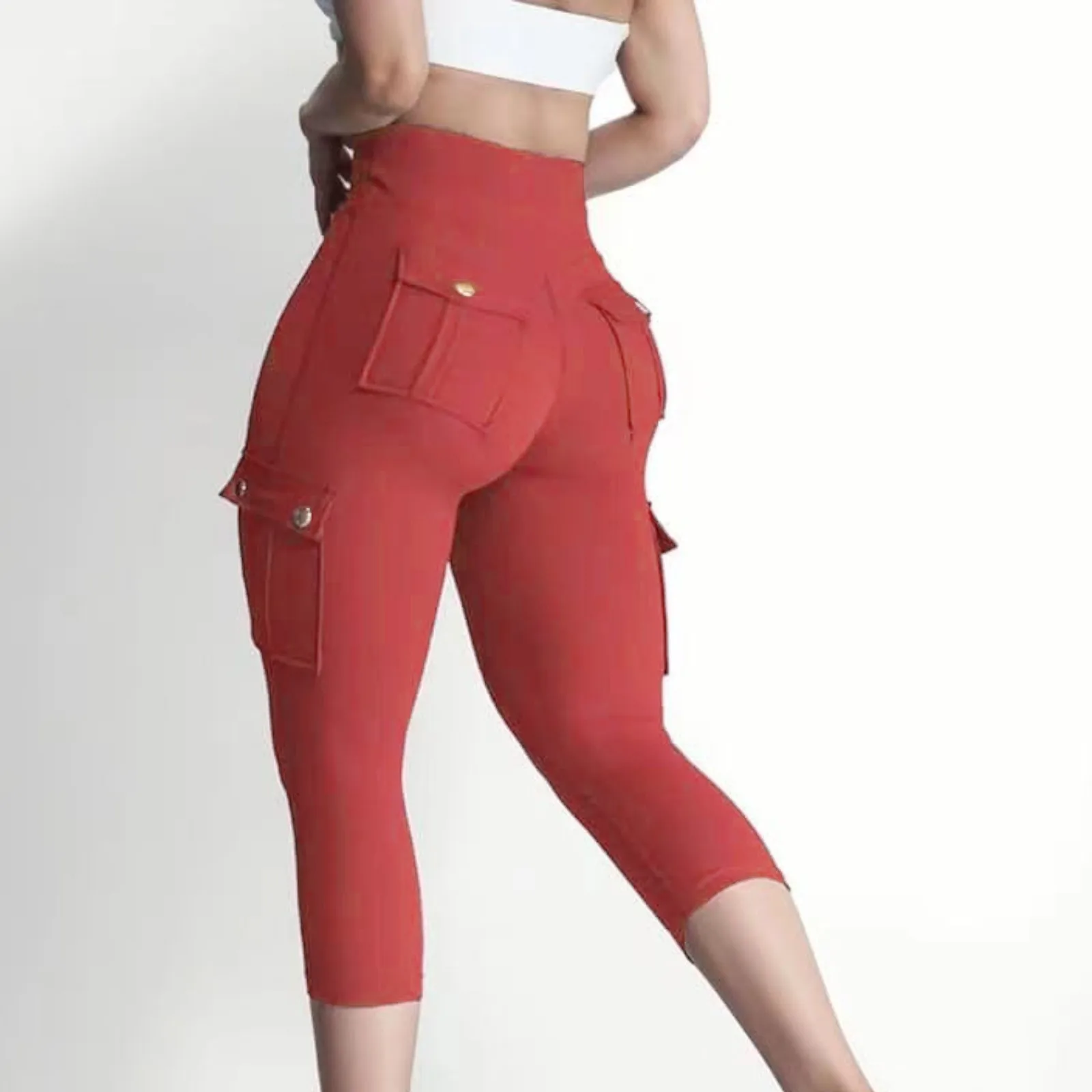 Butt Lifting Legging Dames Casual Hoge Taille Effen Kleur Cargo Legging Zomer Workout Strakke Fit Yogabroek Met Zakken 2024