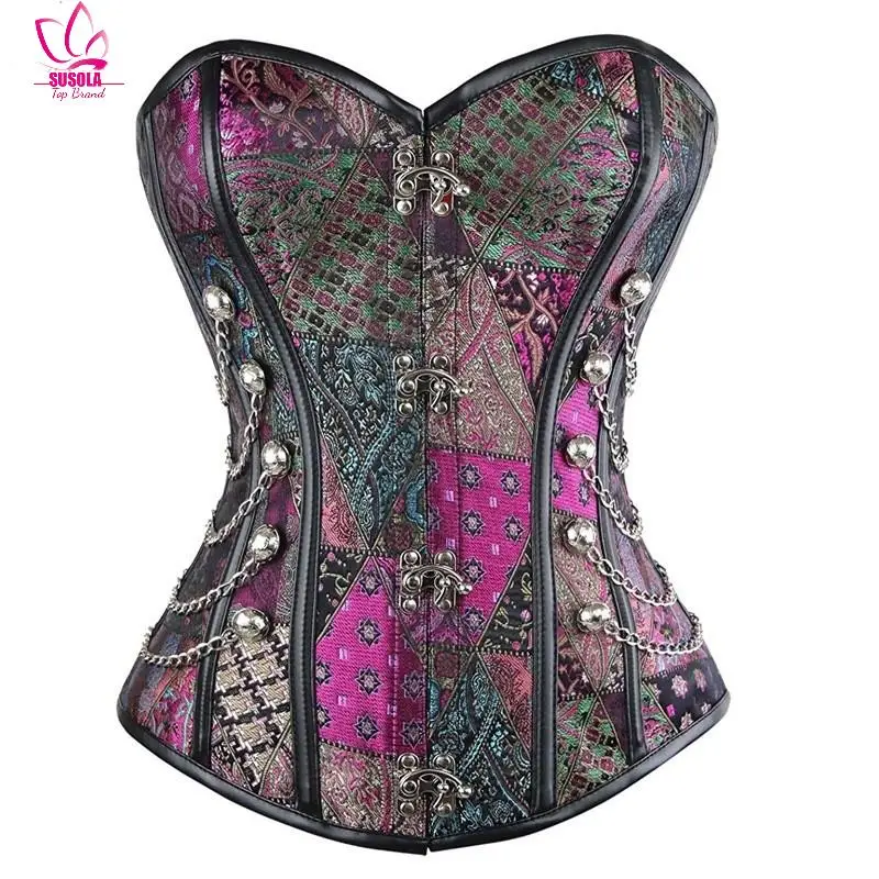 SUSOLA Purple Steampunk Spiral Steel Boned Steampunk Gothic Bustier Corset with Burlesque Costumes Overbust Corset with G-string