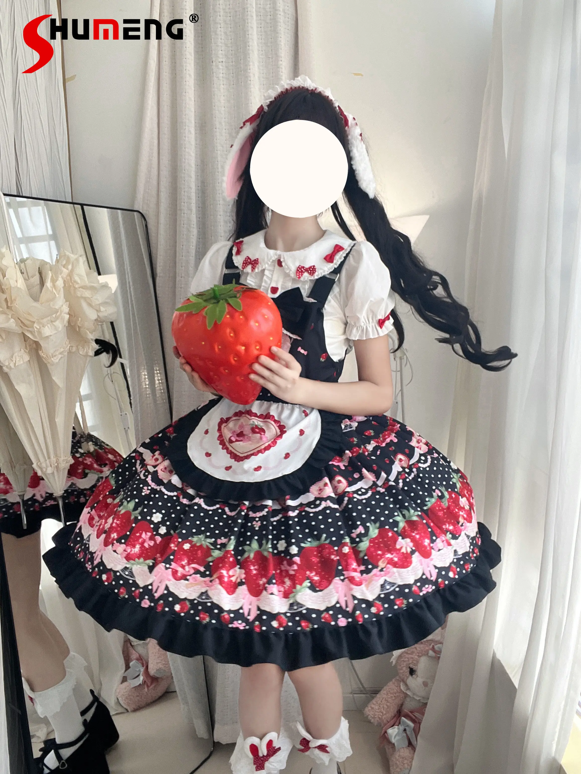 

Japanese Style Sweet Cute Princess Kawaii Strap Dress Strawberry Bow Dot Print High Waist Versatile Lolita JSK Dress for Women