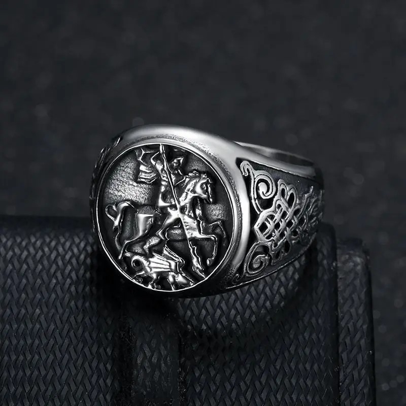 Megin D Stainless Steel Titanium Hip Hop Punk Knight Saint George and the Dragon Band Rings for Men Women Gift Fashion Jewelry