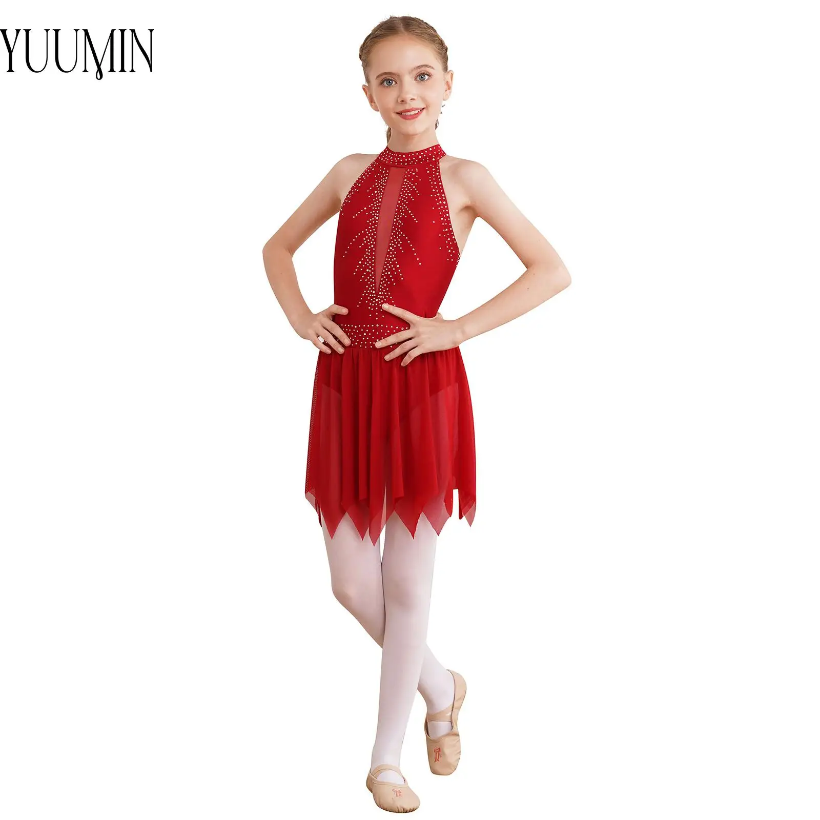 Children Girls Ballet Tutu Dress Shiny Rhinestone Mesh Leotard Gymnastics Figure Skating Dance Party Performance Fashion Costume