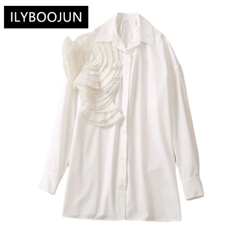 Solid Patchwork Appliques Shirts For Women Lapel Long Sleeve Spliced Button Casual Blouse Female Fashion Clothing For Women 2023