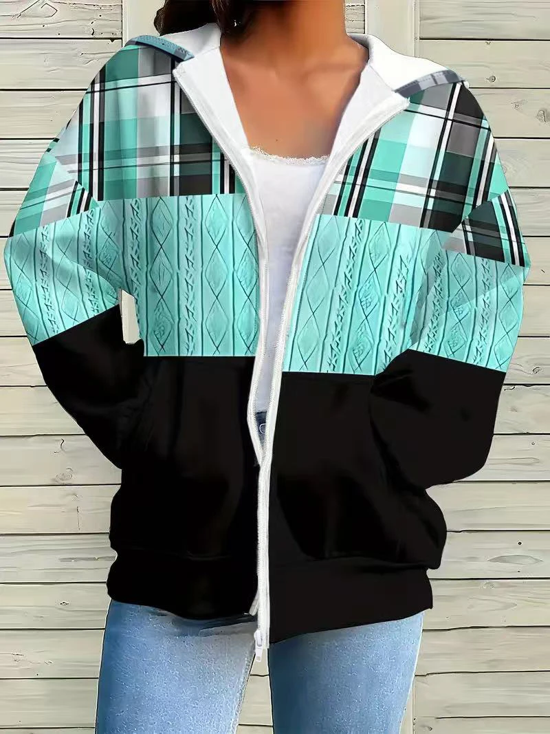 Women's Fashion Printed Zipper Jacket - Hooded with Pockets - Machine Washable