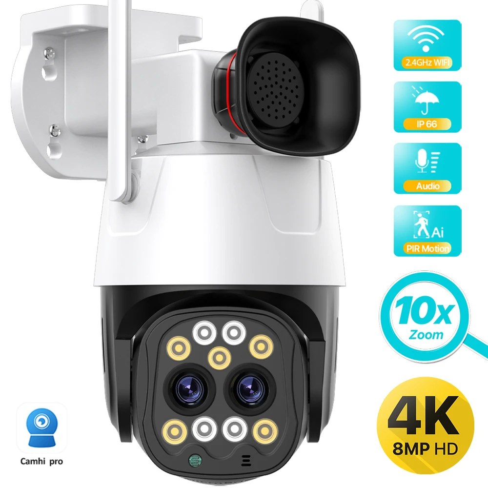 4K 8MP HD WIFI PTZ Camera Outdoor 10X Zoom Wireless IP Camera 1080P Ai Tracking Audio Video Security CCTV Camera Camhi Pro