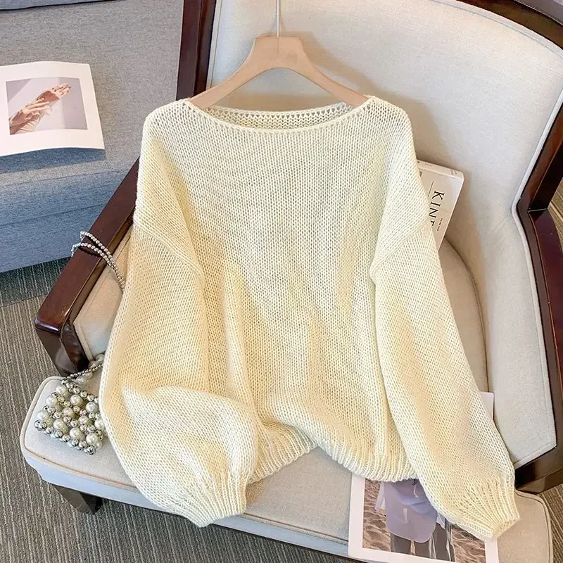 Knit Tops For Woman Pullovers Women\'s Sweater Round O Neck Mesh Off White Winter 2024 Korean Fashion High Quality Offers Cheap