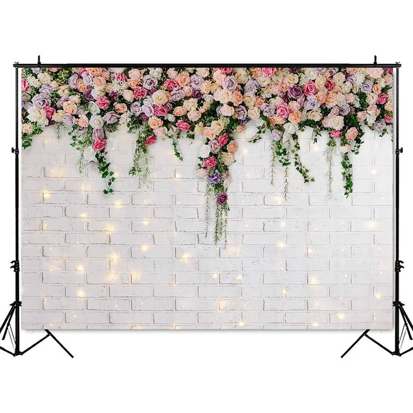 Floral Brick Wall Backdrop Flowers Rose Warm White Wedding Photography Background Bridal Shower Photocall Boda Photo Studio