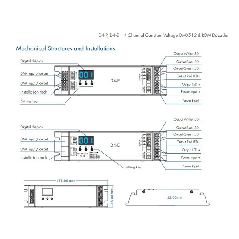 D4-E 4 Channel PWM Constant Voltage DMX &RDM LED Decoder Controller Digital Display XLR3 RJ45 Port DC12-36V Input 8Ax4ch Black