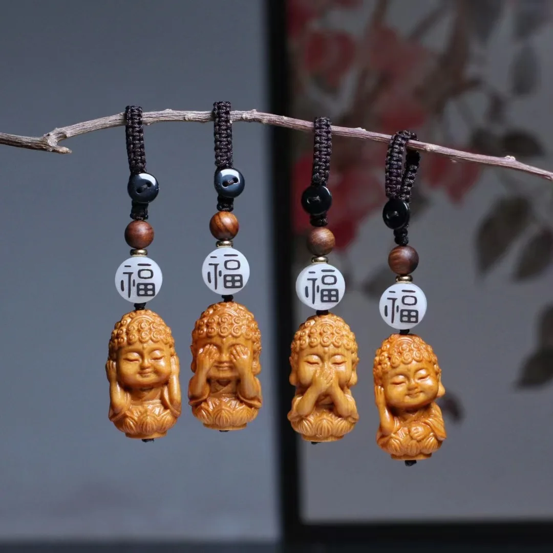 Cypress Wood Carved New Four Little Buddha Figurine Bag Pendant Keychain Phone Chain Unisex Wenwan Gift Collectible Ornament