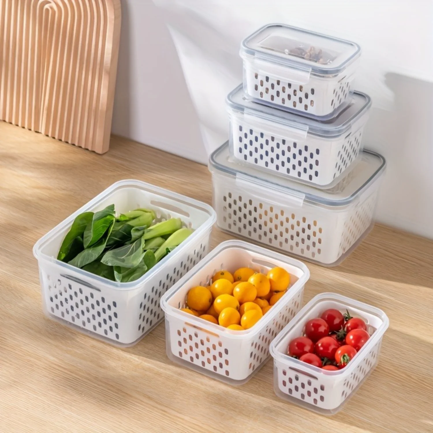 3-Piece Set Polypropylene Produce Bins with Lids - Hand Washable Stackable Fridge Containers with Detachable Drain Basket for Ve