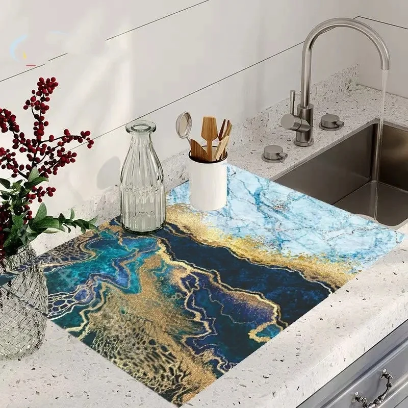Black Marbling Dish Drying Mat Super Absorbent Tableware Kitchen Bottle Anti-slip Dry Pad Kettle Bar Counter Tool Luxury Rugs