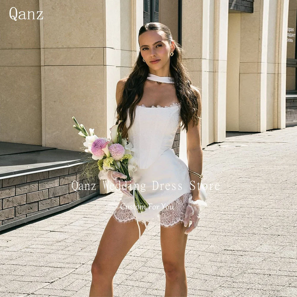 Qanz White Satin Mini Wedding Dresses Bride 2 Pieces Corset Back Mini Bridal Gowns Lace Appliques Short Robe De Marié Customized