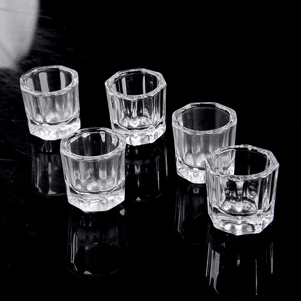 Nail Art Crystal Glass Clear Acrylic Small Octagonal Powder Liquid Nail Cup Nail Brush Cleaning Liquid Mixing Bowl Tools