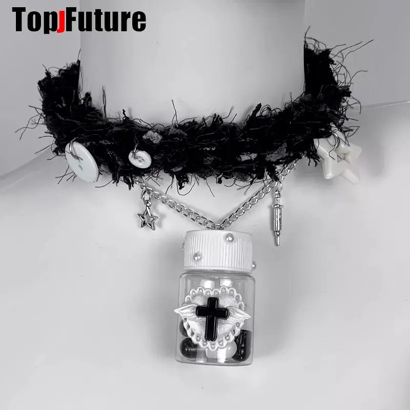 Hand-woven Gothic Lolita Y2K Girl Women\'s Cosplay harajuku gothic collar Choker Medical Angel Torques medicine pill Necklace