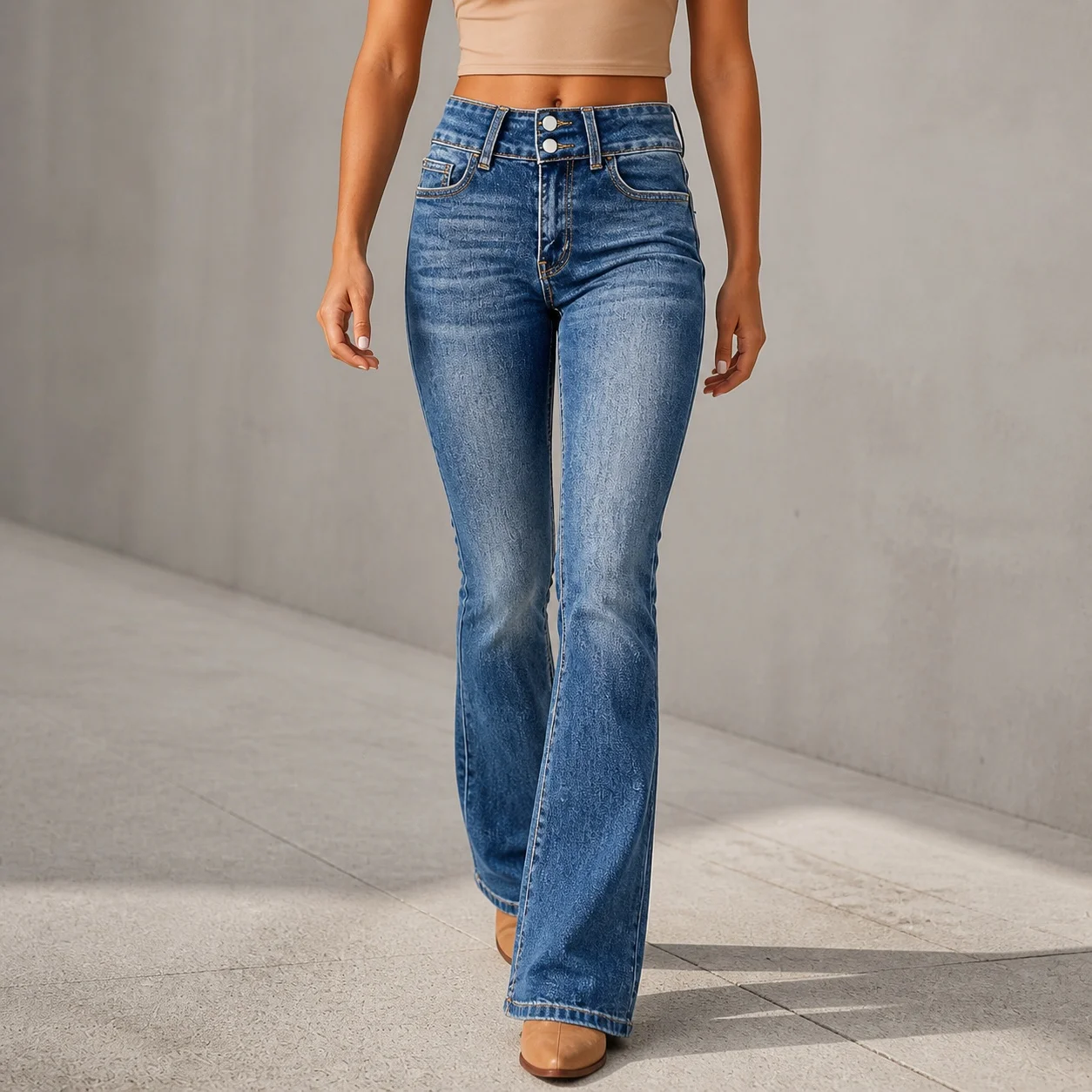 Women's Mid Waist Cotton Long Washed Slight Flare Distressed Streetwear Jeans with Five Pocket Design and Contrast Stitching