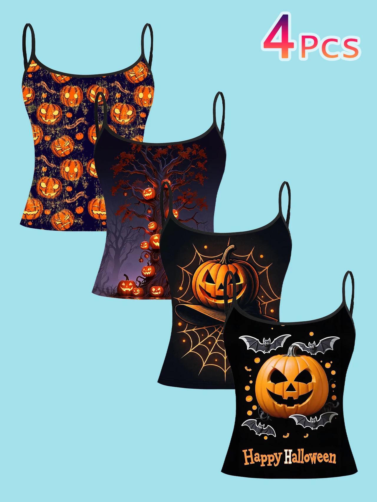 4-Pack Halloween Pumpkin Women's Camisole Tops with All-Over Print of Pumpkins, Withered Trees, Pumpkin Spider Webs, and Happy Halloween Text Print, Slim-Fit Spaghetti Strap Short Camisole Tops