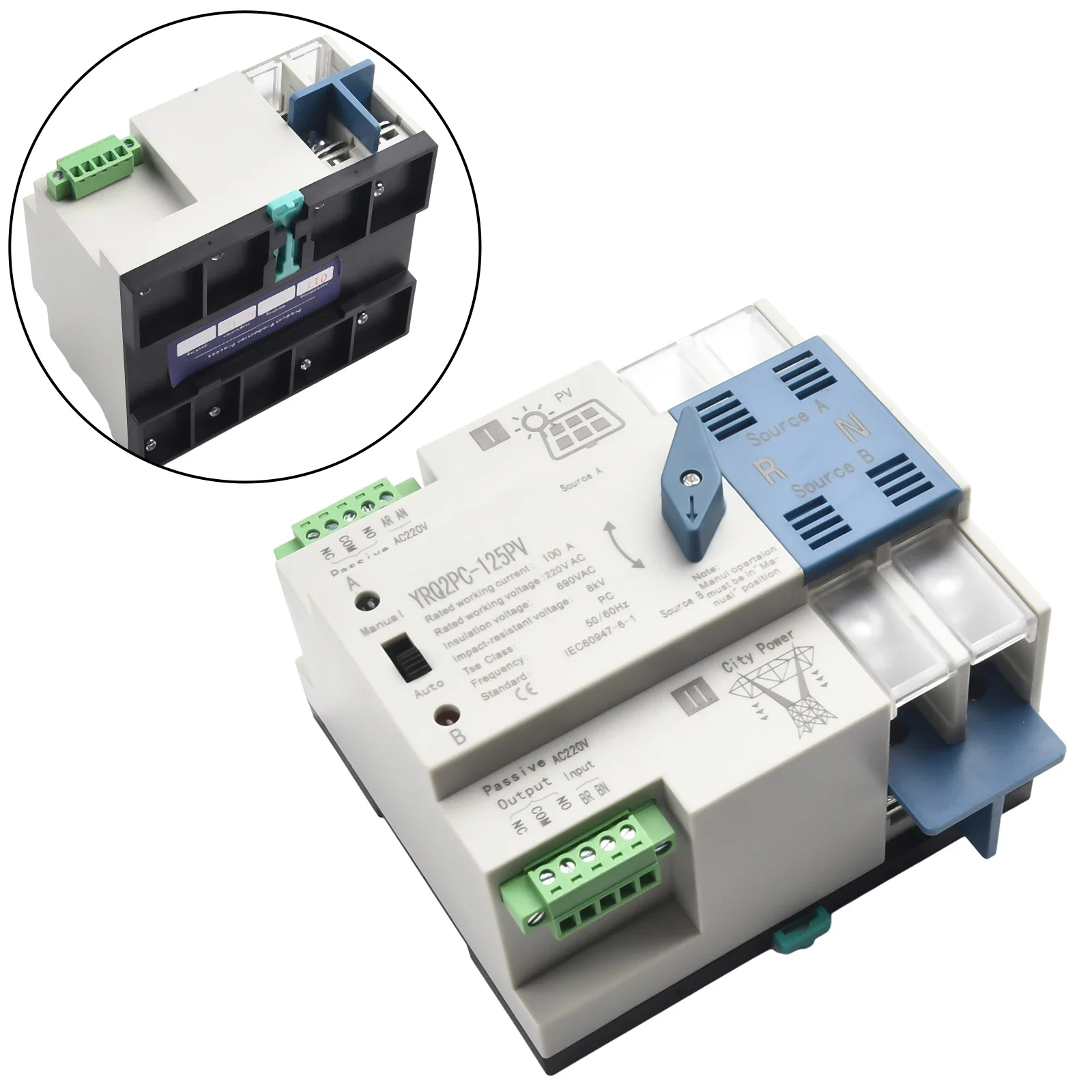 

2P 100A Solar Dual Power Automatic Transfer Switch 6X4X3cm Generator Changeover Switch 230V PV Transfer Switch