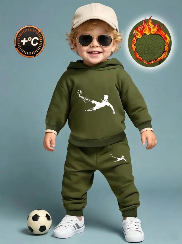Kids Boy Winter Warm Clothes Set Thick Fleece Soccer Printed Hoodie Pants 2Pcs Toddler Tracksuit Army Green Sportswear