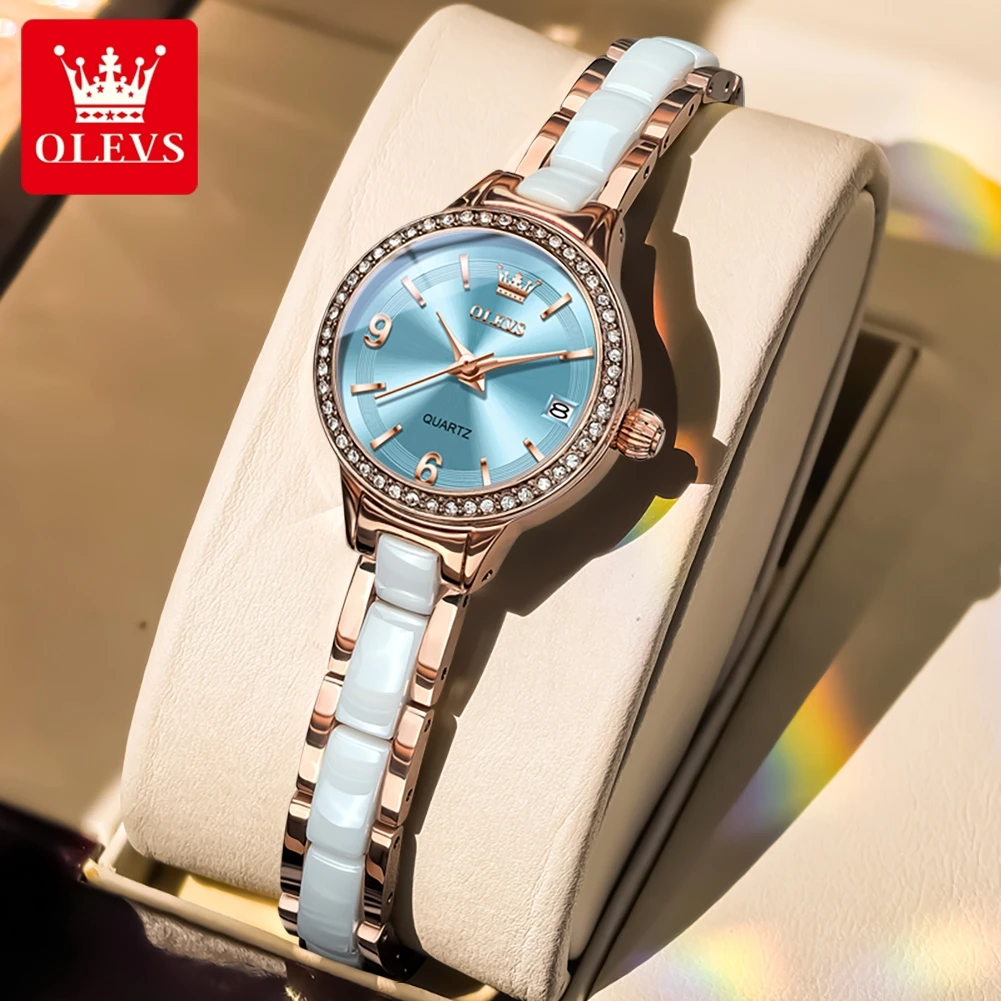 OLEVS Luxury Quartz Watch for Women Original Elegant Ceramics Strap Waterproof Auto Date Luxury Diamond Lap Ladies Watches 7093