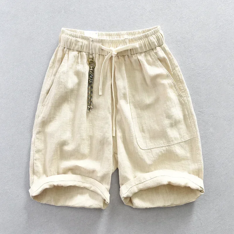 Japanese Retro Cargo Shorts Men Summer Beach Casual Cotton Linen Shorts Male Elastic Waist Baggy Green Shorts Breathable Shorts