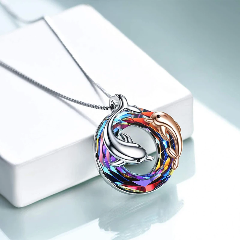 Cute Dolphin collane Round AB Color Crystal Pendant madre e figlia Ocean Animal Jewelry for Mom Girls regali di compleanno