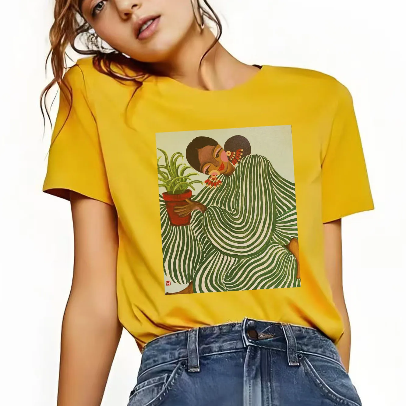 

Fashionable beauty printed oil painting style short sleeved round neck versatile casual women's T-shirt
