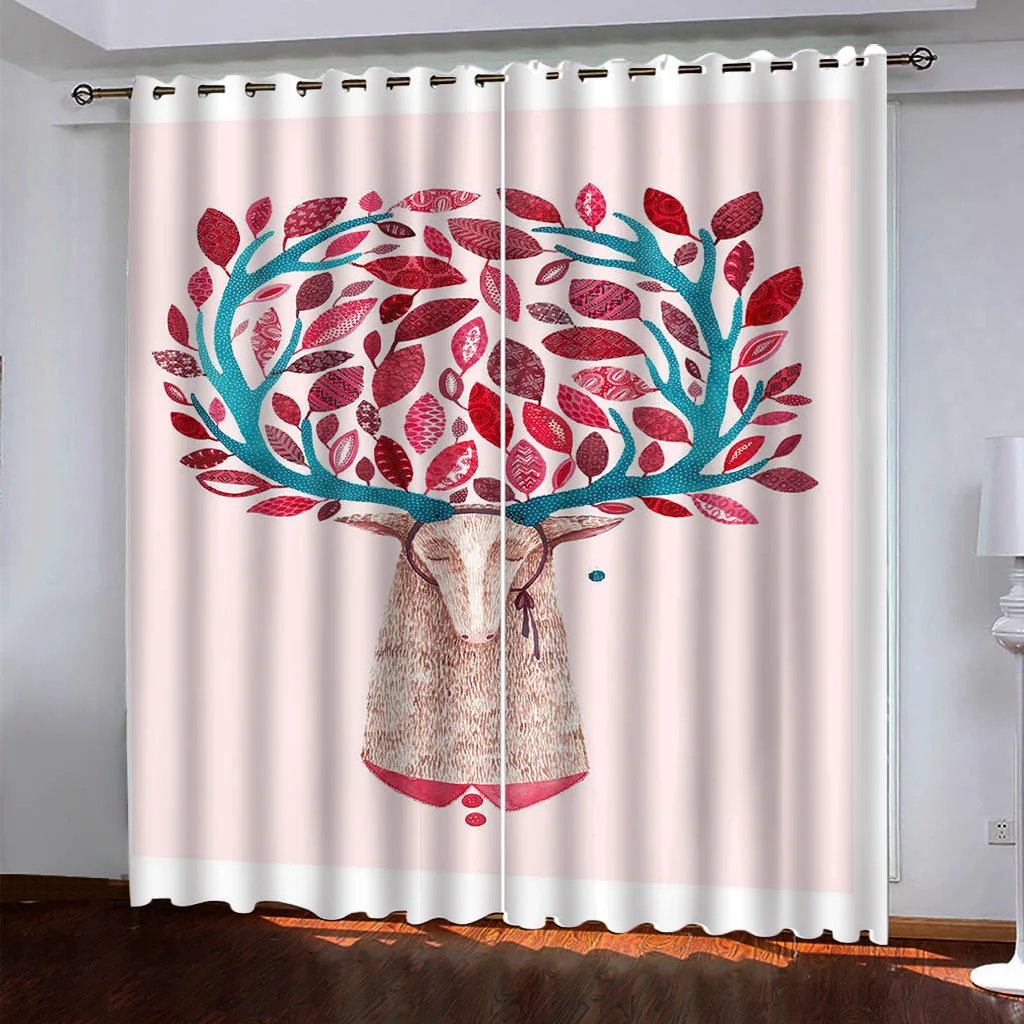 HUANZHUANG Blackout Curtains, Nordic Deer Head Background  Window Curtains for Kid Bedroom, 2 Panel Drapes with Eyelets