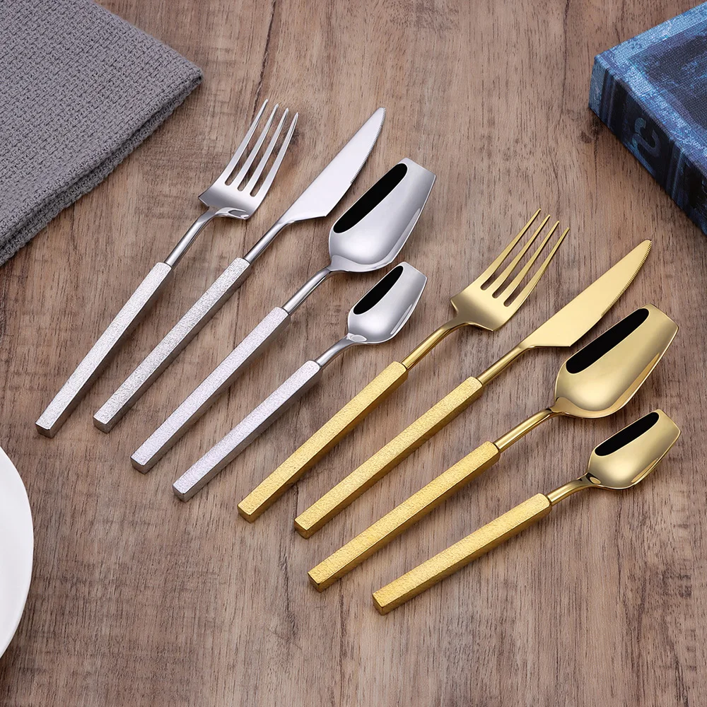 

304 Stainless Luxury 4Pcs Sliver Tableware Steel Cutlery Set New Western Cube Handle Dinner Set Mirror Golden Knife Fork Spoon