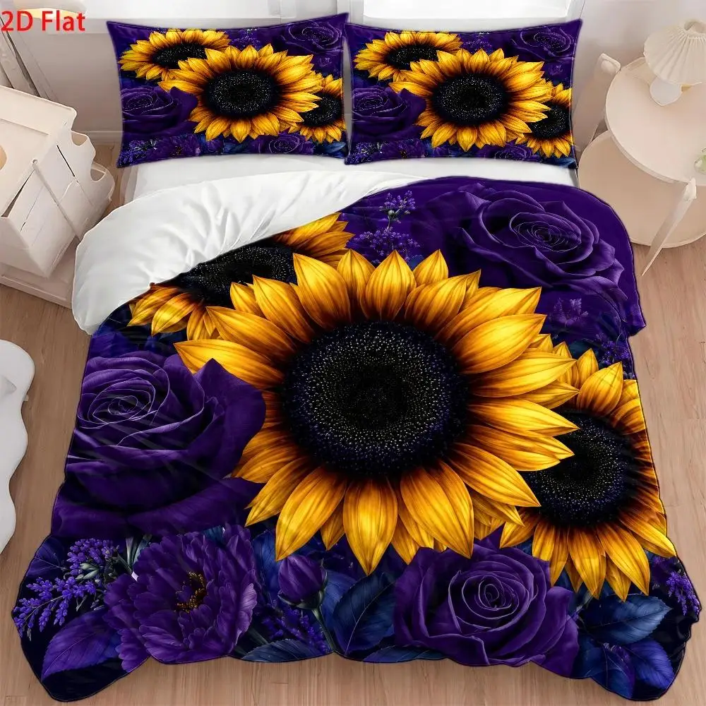 3Pc Purple Sunflower Print Quilt Cover Set, Three-Piece Bedding Set (1*Quilt Cover + 2*Pillowcases), Quilted Duvet Cover for Double Bed, All-Season Skin-Friendly Breathable Polyester Bedding, Zippered Closure, Easy to Clean, Durable, Machine Washable, Modern Minimalist Luxury Style Bedroom Decor, Wrinkle-Resistant Woven Dormitory Bedding Set, Suitable for Home Master Bedroom, Guest Room, Student Dormitory, Nordic Style Cozy Home Bedding Set, Large Double Bed Cover