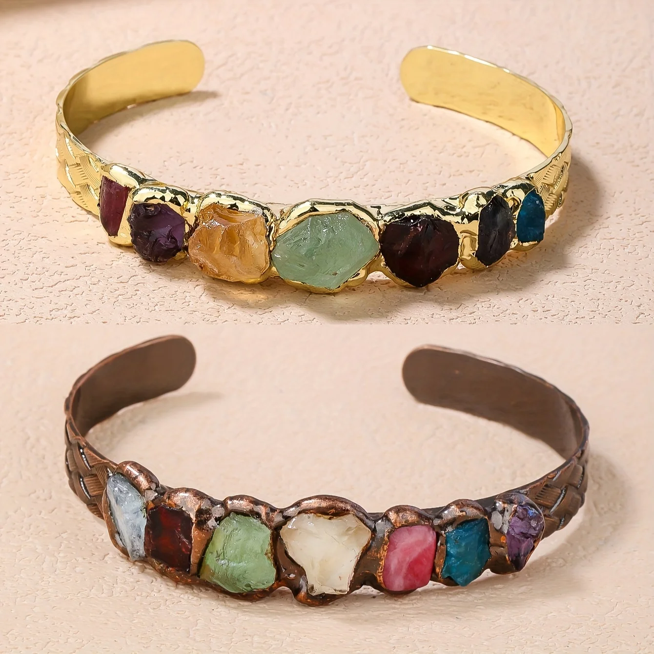 YEEVAA Boho Vintage Cuff Bracelet with 7 Natural Gemstones, Handcrafted Multi-Colored Rock Crystal Party Jewelry for Women