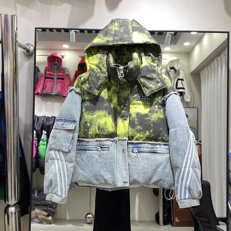 

Winter Denim Spliced Removable Hooded Short Down Jacket Female Thick Warm Parka Outwears Women White Duck Down Patchwork Jackets