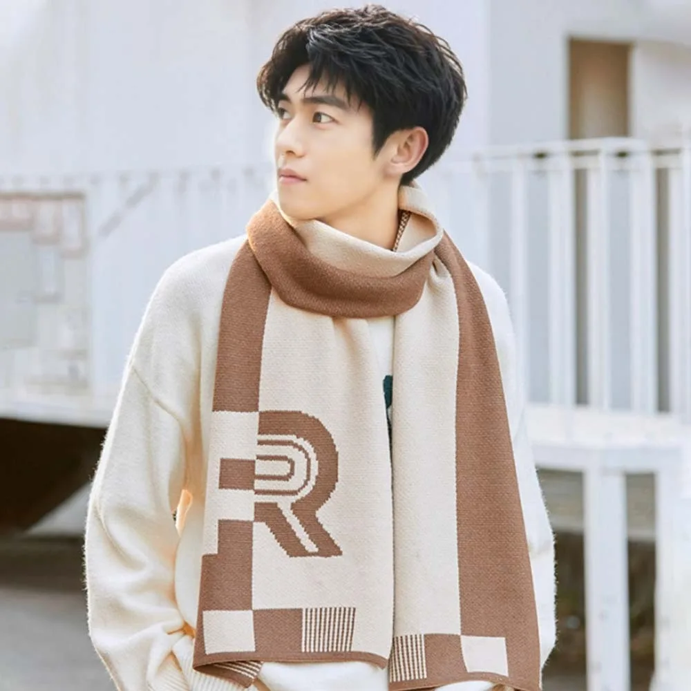 Acrylic Fibres Color Blocked Scarf Warmer Long R-shaped Knitted Scarf Tartans Printed British Style Men Thick Shawl Gifts
