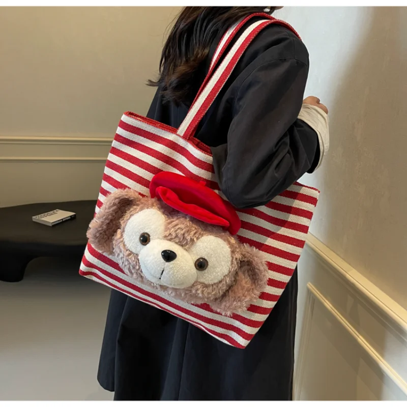 Disney Duffy Bear Cute Casual Handbag Cartoon Doll Stylish Simple Shopping Striped Canvas Large Capacity Shoulder Bag