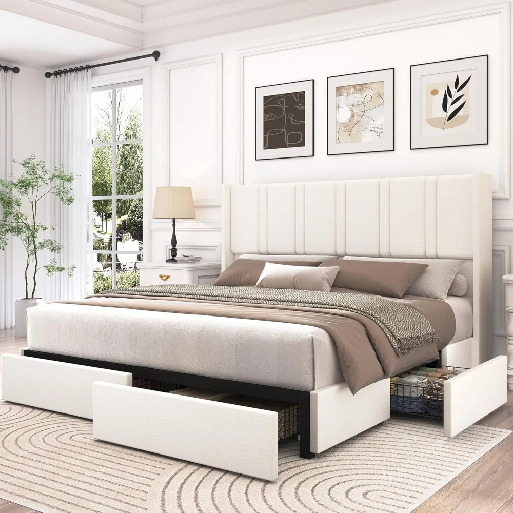 Estructura de cama tamaño King, con 4 cajones de almacenamiento y cabecera de cama con respaldo de ala y listones de madera, estructura de cama con plataforma tapizada