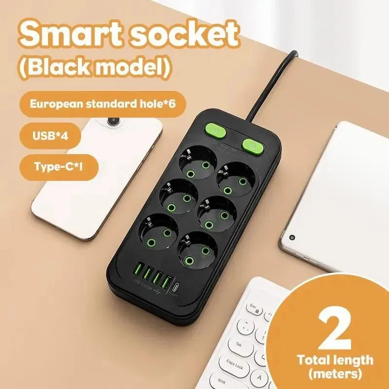 Electrical Socket EU Plug 6AC Outlet Multitap Power Strip Extension Cord Smart USB Home Office Surge Protector Network Filter