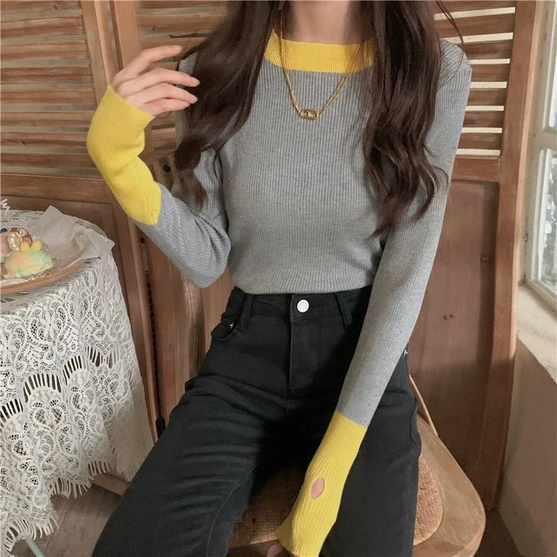 Koreanische Herbst Winter Frauen O-Ausschnitt Kontrast farbe Finger Cots Mode schlanke Langarm Pullover Bottom ing Shirt Strick oberteile