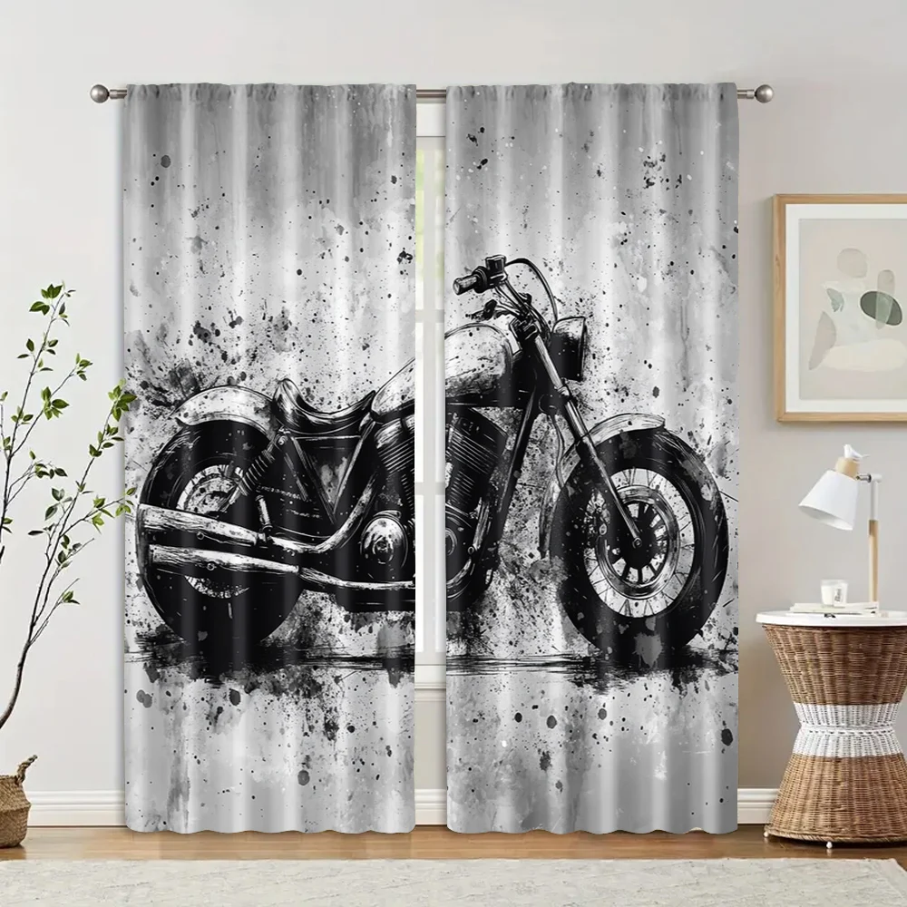 2pcs, Window Curtain 2D print Modern painted black and white brick wall motorcycle graffiti Polyester Easy Install (without rod)