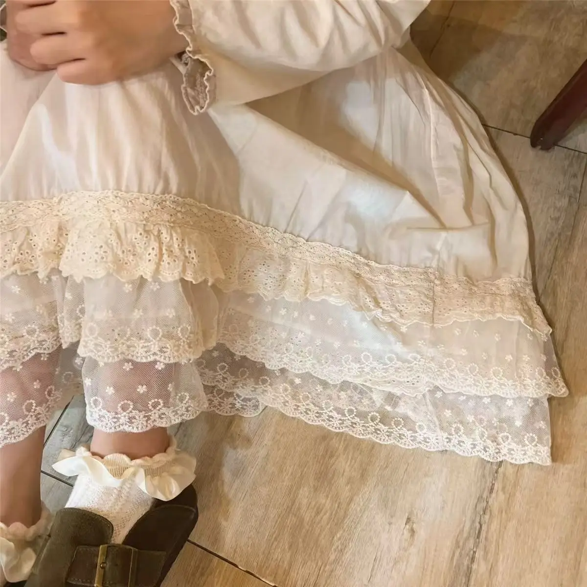 Retro Lace Patchwork Midi Cotton Half Skirt Inner  Long Skirt Sweet Forest System Pure Color Commute Style Thin Cotton