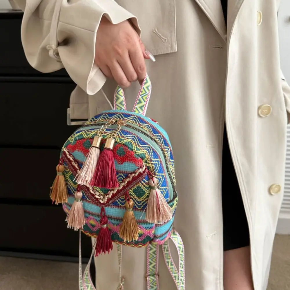 Embroidery Ethnic Style Tassel Backpack Stripe Small School Bag Canvas Tassel Shoulder Bag Large Capacity Outdoor Travel Bag