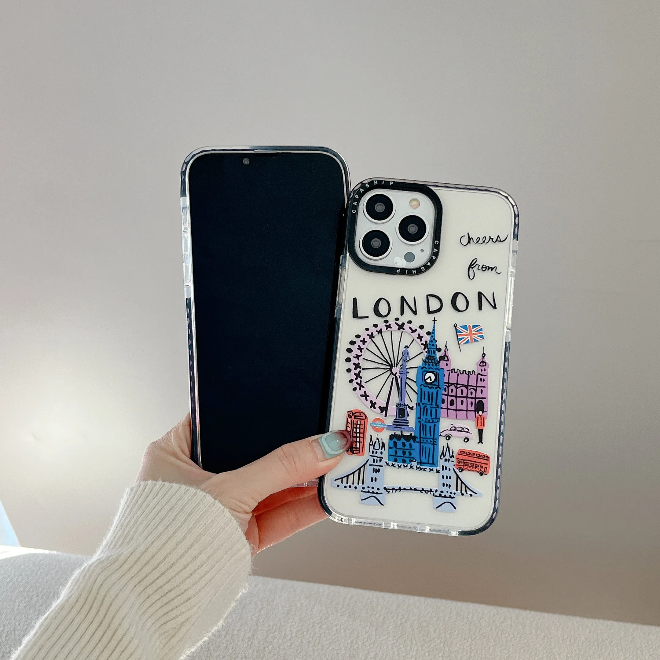 Paris London New York City Landmark building Cartoon Doodle Cover Case For iPhone 16 15 14 13 12 11 Pro Max 7 8 Plus Mini X XR