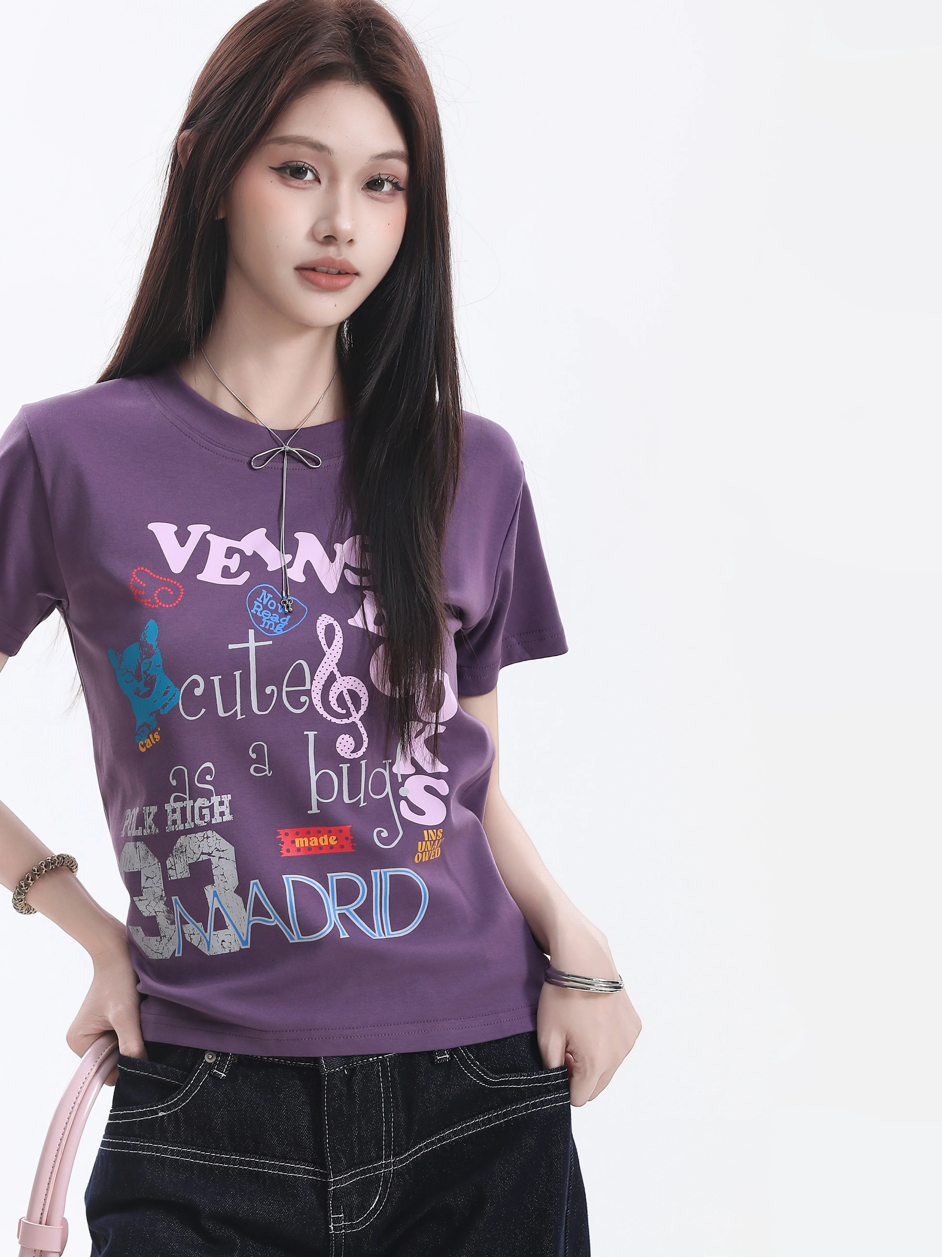 Slim Fit Short Sleeve T-Shirt Women's  Letter Print Casual Style Cotton Top Small Ball American Style Short Length