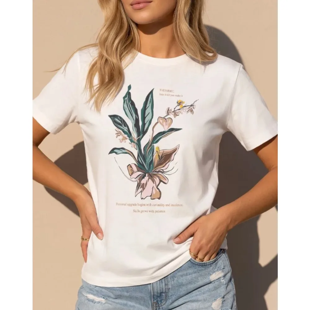 Women Crew Neck Short Sleeve T Shirt Vintage Botanical Floral And Text Graphic Print Casual Slim Fit Basic Tee Top